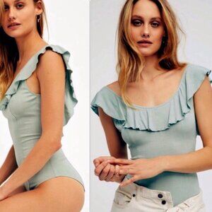 Intimately Free People Women's Uh Huh Ruffle Scoop Back Bodysuit in Sage Green S
